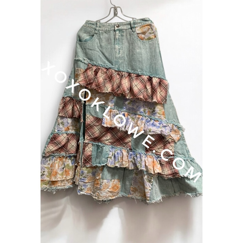 Oli & Hali Floral + Plaid Patchwork Ruffled Denim Maxi - Picture 6 of 11
